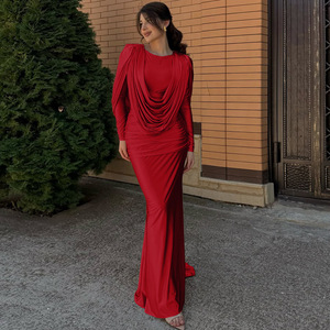 2026 elegante Maxi abito Casual da donna girocollo manica lunga plissettato in Spandex materiale popolare ora - Product Image 2