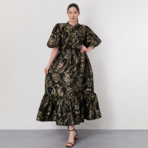 <span class=keywords><strong>Abiti</strong></span> Eleganti di Alta Qualità con Maniche <span class=keywords><strong>a</strong></span> Sbuffo in Jacquard Nero e Oro, Vestito Casual Chic per Feste, Produzione ODM all'Ingrosso - Product Image 1