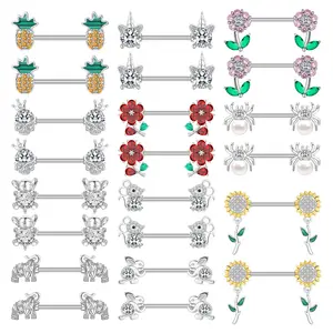 Sweet Stainless Steel Silver Plated Cz Flower Pineapple Animal Nipple Piercing Jewelry Ring Women Female