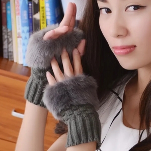 I-0056 Autumn Winter Knitting Warm Wool Wrist Hand Wrist <b>Fur</b> Exposed Touch Screen Short Half Finger Fingerless Female <b>Gloves</b> - Product Image 5