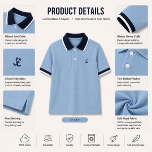 Polo Premium para Niños, Color <span class=keywords><strong>Crema</strong></span> Azul Polvoriento, 200GSM, Logotipo Personalizado ODM, Cuello con Ribete, Proveedor de Ropa Infantil de Lujo - Product Image 4