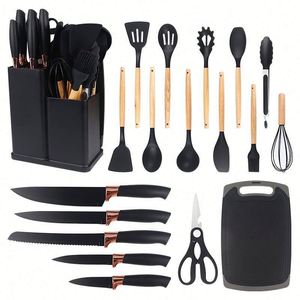 Ensemble d'ustensiles de cuisine antiadhésifs colorés de 19 pièces avec manche en bois, spatule en silicone, outils de cuisson compatibles lave-vaisselle - Product Image 1