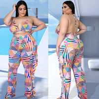 Trois pièces grande taille femmes maillots de bain 2021 à volants plage couvrir pantalon Bikinis femme maillots de bain