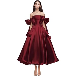 Abiti da <span class=keywords><strong>Sposa</strong></span> Personalizzati <span class=keywords><strong>in</strong></span> Raso con Spalline Sottili, Vestiti da Sera Formali a Trapezio Lunghezza Tea con Fiocco per <span class=keywords><strong>Sposa</strong></span> e Ballo di Fine Anno - Product Image 2