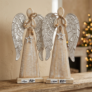 Étoile de Noël artisanale en bois de manguier de haute qualité, durable, avec figurine à ailes argentées, décoration de table ou d'arbre, cadeau - Product Image 1
