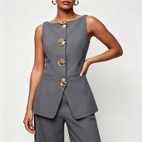 Ensemble élégant pour femme, deux pièces, couleur unie, sans manches, veste boutonnée tissée, pantalon large à taille haute, pour le bureau et les loisirs