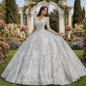 Lscm102 Elegant Sparkly Bridal Gown Illusion Crystal Beaded Full Skirt Tulle Ball Gown White <b>Wedding</b> Dress For Bride Jancember - Product Image 1
