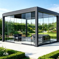 Pergola coulissante en verre sans cadre avec toit à lames orientables, résistante aux intempéries, en aluminium, de qualité commerciale pour hôtels et complexes hôteliers