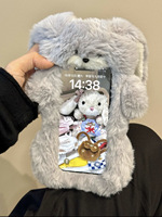 Casing ponsel mewah musim gugur dan musim dingin, casing ponsel kelinci abu-abu mewah menggemaskan untuk iphone 16 16 14 13