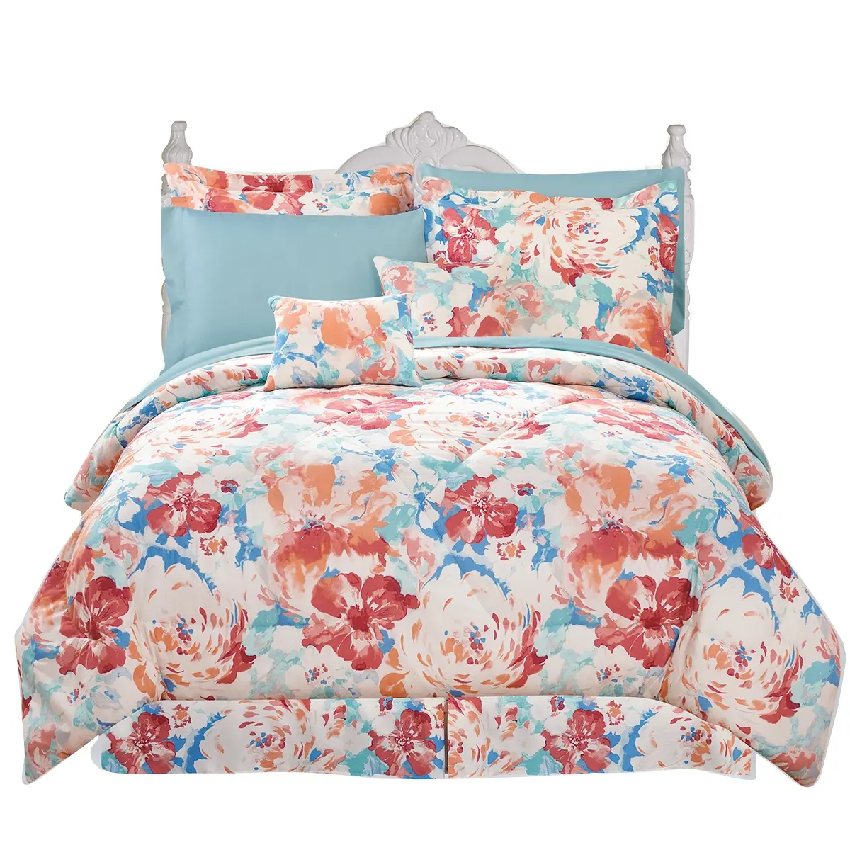 Juego de edredón de microfibra con estampado de flores rosas, ropa de cama de lujo, tamaño King, para dormitorio, 10 piezas, venta al por mayor