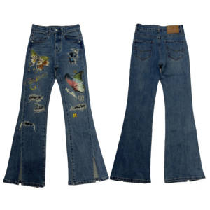 BlueTeam produttore personalizzato stampa blu Flare misura popolare da <span class=keywords><strong>donna</strong></span> pantaloni e pantaloni con foro elastico elasticizzato <span class=keywords><strong>Jeans</strong></span> da <span class=keywords><strong>donna</strong></span> - Product Image 1