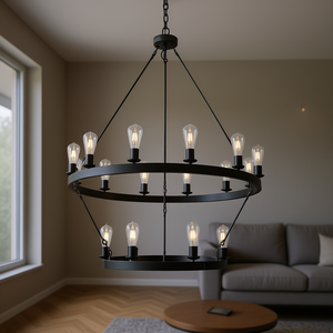 Lámpara de Techo Circular de Hierro Negro de 2 Niveles, Estilo Retro, Bombillas E26, para Sala de Estar - Product Image 2