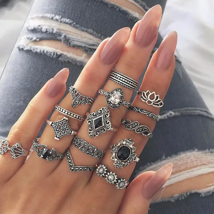 Retro Jewelry Vintage Punk Boho Beach Rings Set For Women Antique Lotus Sunflower Geometric Black Gem Knuckle Ring Set