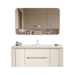 Meuble de salle de bain blanc simplifié avec miroir en verre alvéolé, vasque blanche et corps de meuble suspendu - Product Image 3