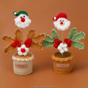 Christmas Table <b>Decoration</b> Gift Artificial Flowers Handmade Knitted Yarn Santa Claus Crochet Pot Plant - Product Image 3