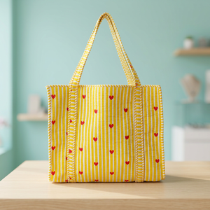 Colorful Heart Printed Quilted Cotton Tote <b>Bags</b> Handprinted Tote <b>Bag</b> Sustainable Sturdy Grocery Shopping <b>Boho</b> Women's Handbags - Product Image 1
