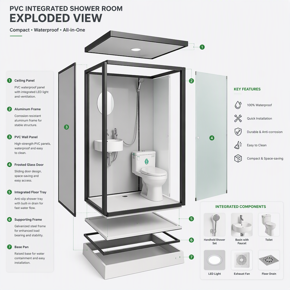 PVC Integrated Shower Room Prefabricated Bathroom Waterproof Easy ...