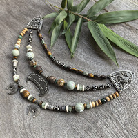 Collier rétro à 3 rangs avec perles de culture slavie classiques, œil de tigre, pendentif viking, bijoux tribaux, bijoux ethniques