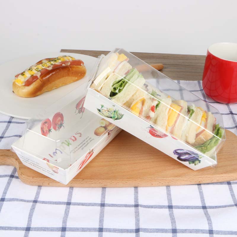 Cake Bread Snack Bakery Food Packing Rectangular Square Kraft Paper Box Sandwich Wrap Box With Plastic Clear Lids