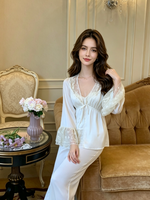 Ensemble de vêtements d'intérieur trois pièces en satin pour femme, style français, motif floral cerf, avec soutien-gorge sexy à bretelles et pantalon d'automne