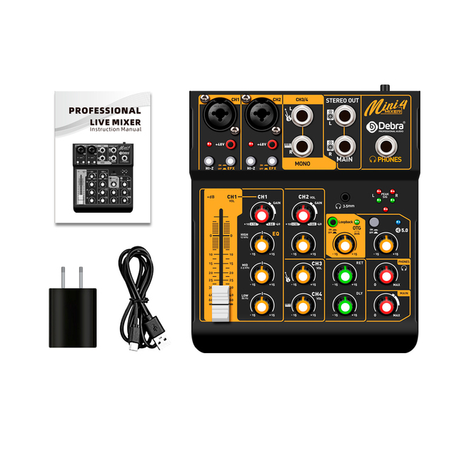 Portable 4-Channel Mini Audio Mixer OTG Sound Card DJ Console with Audio Interface for 48V PC for Live Broadcast