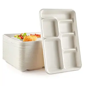 100% Compostable Heavy-Duty Biodegradable Sugarcane Plates 6 Compartment Plates School Lunch Trays