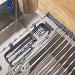Escurridor de Platos Enrollable de Acero Inoxidable Resistente al Calor, Plegable, para Fregadero de <span class=keywords><strong>Cocina</strong></span>, con Cesta de Almacenamiento para Cucharas y Tenedores - Product Image 3