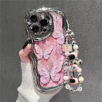 Coque de téléphone antichoc pour iPhone 17, motif papillon rose mignon avec bracelet et fleurs, vente en gros usine