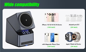 JJT-987 2026 Chargeur sans fil magnétique 3-en-1 pliable en ABS avec horloge, support de charge rapide 15W et chargeur sans fil 5W en aluminium pour téléphone - Product Image 4