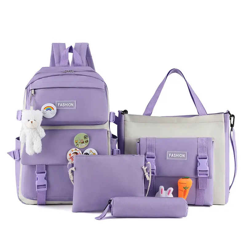 Ru Nieuwe Hete Verkopende Paarse Meisjes School Rugzak Multicolor Basisschool 4 Stuks Tas Set Lunch Tas Met Beer.