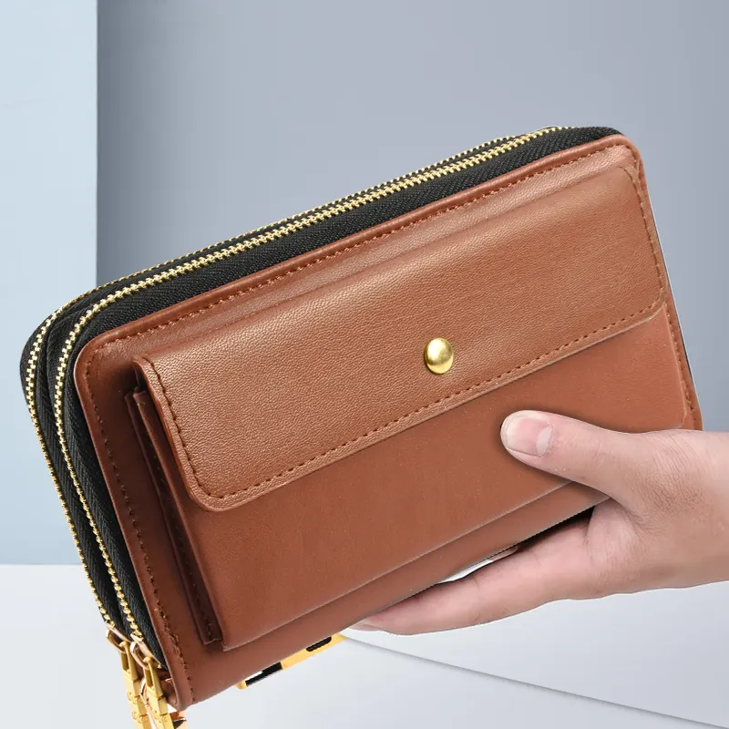 Echtleder Doppel reißverschluss lange Brieftasche für Männer mit biometrischem Fingerabdruck-Schluss Geldbeutel Handtasche Geldbeutel RFID-Sicherbox