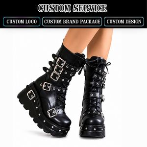 <span class=keywords><strong>Bottes</strong></span> gothiques noires à plateforme avec logo personnalisé CHENO pour femmes avec boucle - Product Image 1