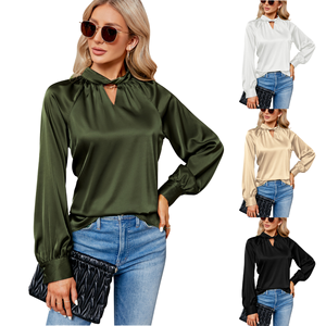 Women's Satin Blouse Long Sleeve Balloon Sleeve Slash Neck Wrap Tie Elegant Solid Color <b>Top</b> Regular Fit All Seasons Wear - Product Image 1