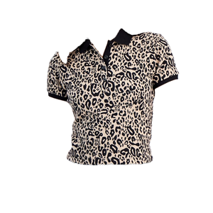 Women's All-Over <b>Leopard</b> <b>Print</b> Polo | Custom Branded AOP Fashion <b>Top</b> | Slim Fit <b>Cropped</b> Jersey Polo | Wholesale - Product Image 1