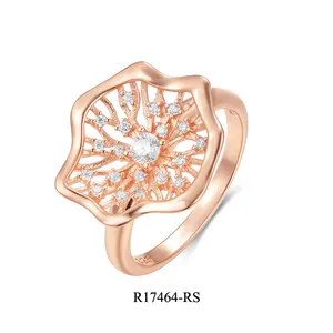 Anéis de prata esterlina 925 femininos, flor banhado a ouro branco cz