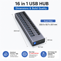 16 Portlu Güçlendirilmiş USB 3.2 Gen2 Hub, 10Gbps, 16x USB-A, Ayrı Ayrı Anahtarlı, Alüminyum Çoklu Portlu Hub