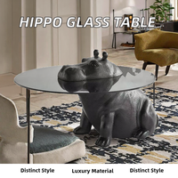 Table basse créative haut de gamme en verre trempé Hippo, design minimaliste, avec structure métallique réglable, mobilier moderne pour la maison, motif animal