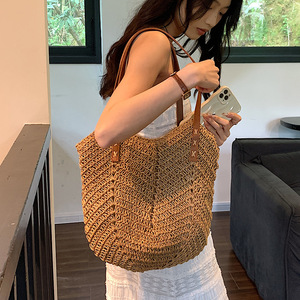 Straw Woven Tote Bag Women Large Capacity Bohemian Style Beach Vacation Shoulder Bag Horizontal <b>Square</b> Zipper Closure - Product Image 1