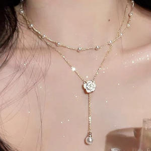 New Luxury Gold Plated Alloy Link <b>Chain</b> Double-Layer Pearl Elegant Clavicle for Women High-End Camellia Necklace - Product Image 1