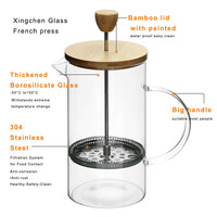 350ml/600ml 800ml/1000ml Cafetière manuelle à presse française avec couvercle en bambou et filtre 304 SS Cafetière en verre