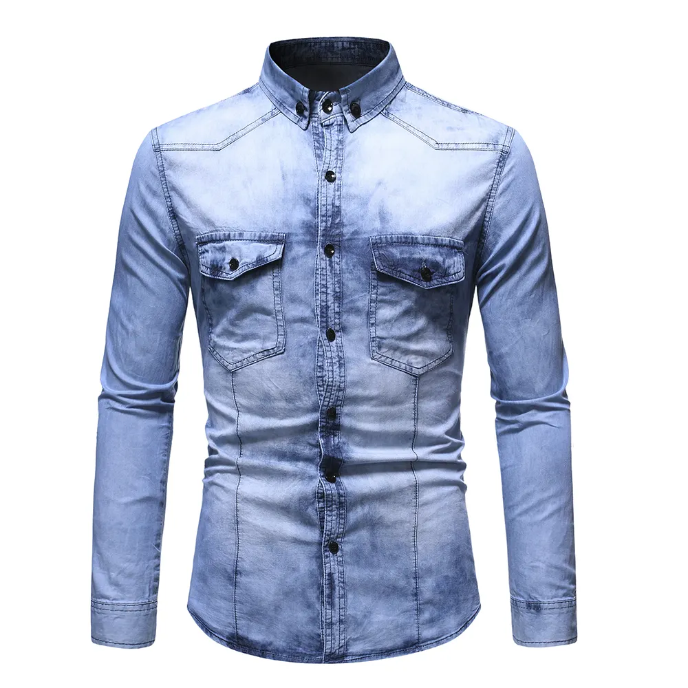 Wholesale new men's color matching casual fashion wash jeans long sleeve shirt men
