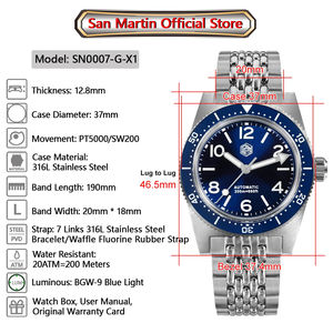 <span class=keywords><strong>San</strong></span> <span class=keywords><strong>Martin</strong></span> Reloj de Buceo de Lujo para Hombre, Pulsera Mecánica Automática, Cierre Ajustable, Resistente al Agua, 200M, Novedad, 37mm, 62Mas - Product Image 2