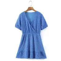 新しい女性カジュアルブルーカラーパフ半袖フリルVネックツイードバンコクドレス卸売