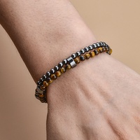4mm Mode Double-couche Pierre Naturelle Perles Rondes Oeil de Tigre Lapis avec Hématite Entretoises Extensible Énergie Bracelet pour Hommes