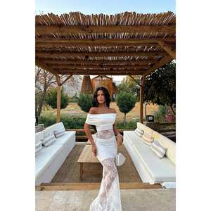 ชุดเดรสทรงบอลกาวน์ผ้าชีฟองโพลีเอสเตอร์สีขาว แต่งลูกไม้ สไตล์วินเทจหรูหรา คอสูง ทรงเอ็มไพร์  มีไซส์ XS ถึง XL - Product Image 1