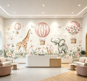 Wasserdichte Weiche Rosa Tierpark Wandbild Kinderzimmer Wanddekoration Wolke Heißluftballon Giraffe <span class=keywords><strong>Elefant</strong></span> Kindertapete - Product Image 1