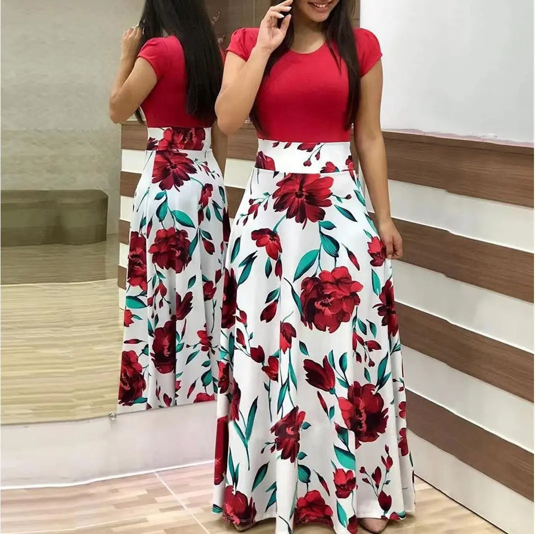 Artı boyutu çiçek patchwork casual Maxi elbiseler kadınlar için yeni ucuz yüksek kaliteli üretici uzun kısa kollu