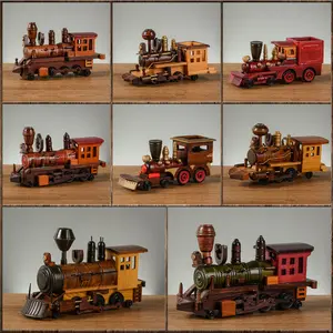 나무 기차 수제 빈티지 복고풍 클래식 나무 기관차 모델 장난감 기차 미니어처 조각 공예 컬렉션 홈 데코