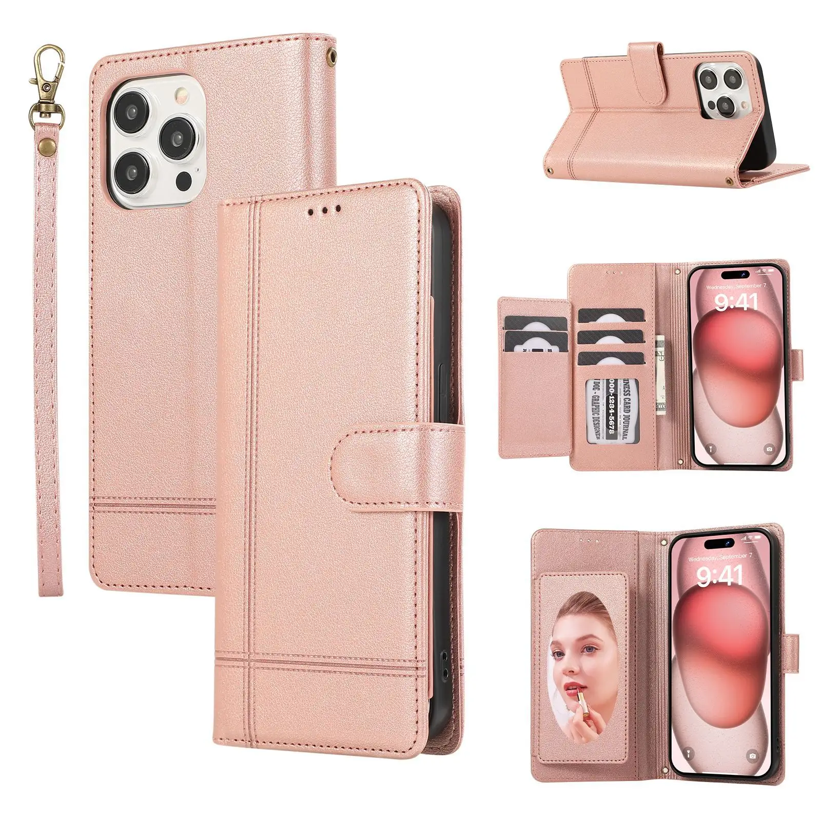 جراب لهاتف آيفون 15 محفظة مع حزام رسغ جراب هاتف مع مرآة للزينة ومكياج من الجلد قابل للطي