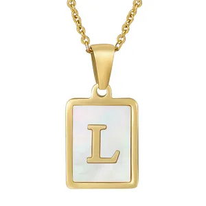 Joyería minimalista de acero inoxidable alfabeto cuadrado inicial Concha Natural letra L collares para mujeres